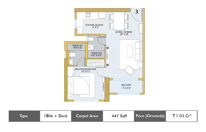1 BHK + Deck-447  Sq.ft.