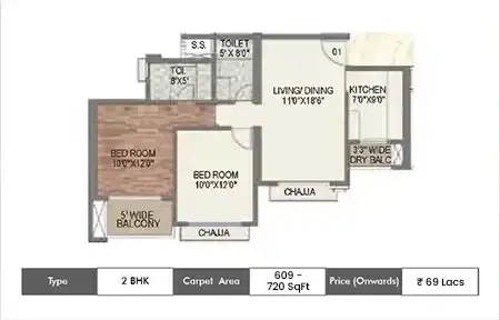 2 BHK 609 - 720 SqFt