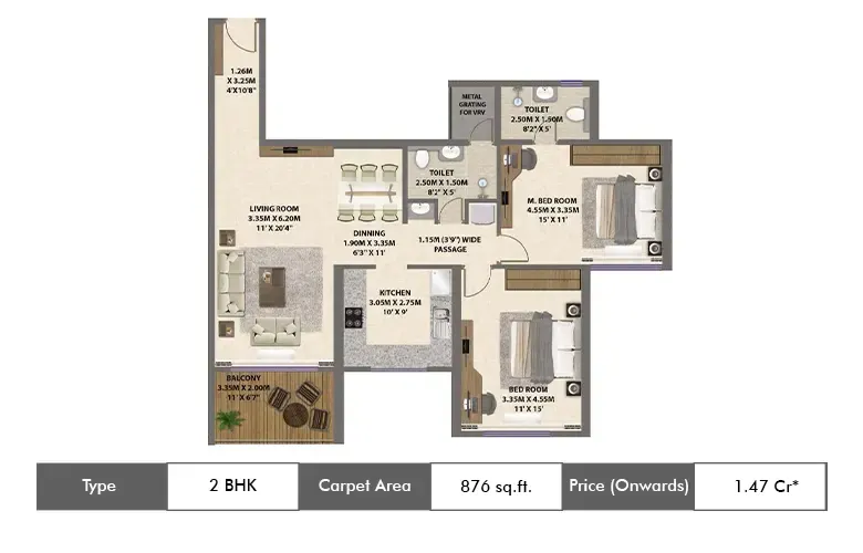2 BHK-876 Sq.ft.