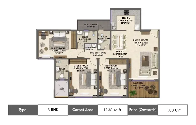3 BHK-1138 Sq.ft.