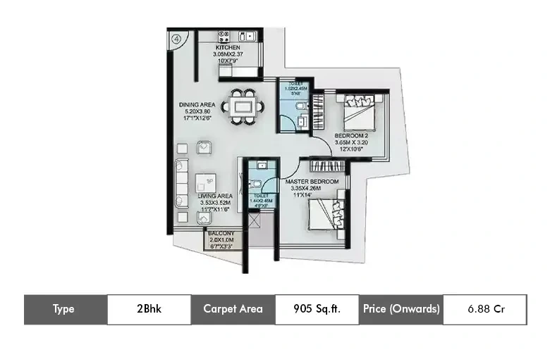 2 BHK-905 Sq.ft.