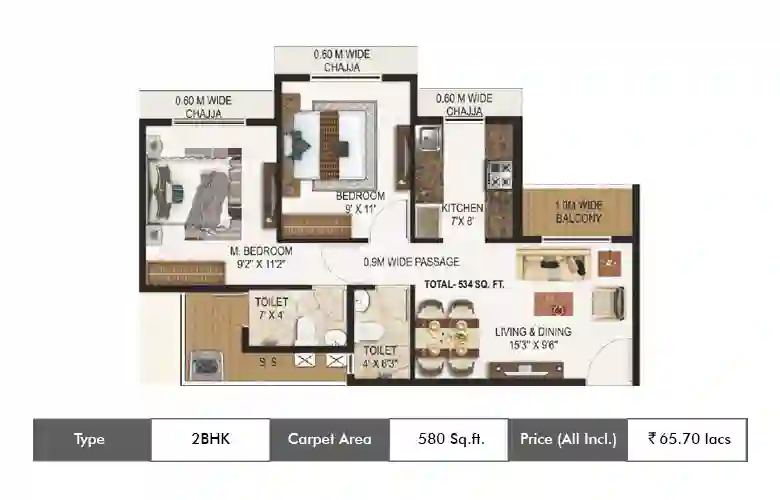 2 BHK-580 Sq.ft.
