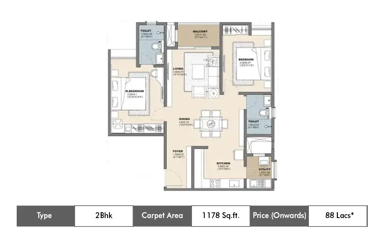 2 BHK-1178  Sq.ft.